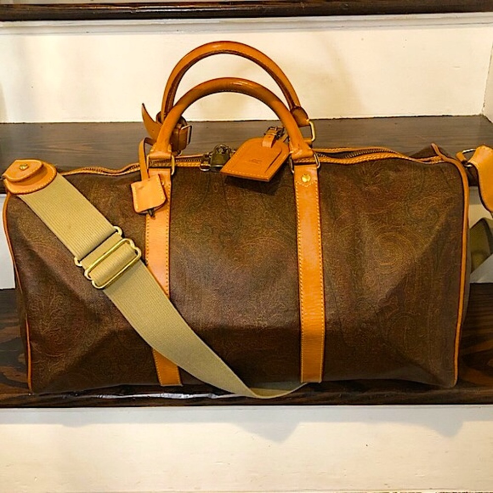 ETRO MILANO Paisley Coated Canvas Vachetta Leather Boston Shoulder Weekend Bag